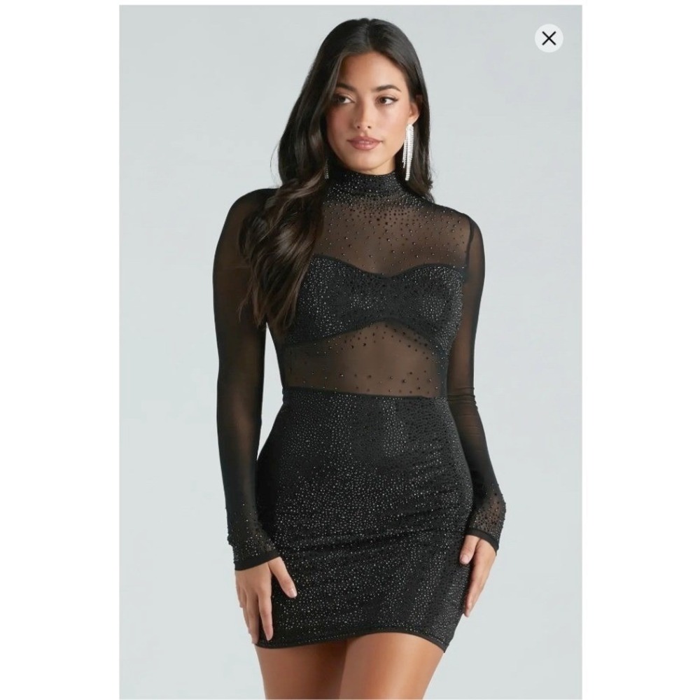 Windsor Showstopping Glamour Rhinestone Black Sheer Mini Dress XS Club‎ Party